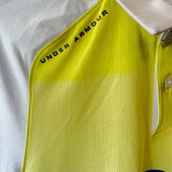 Under Armour Heatgear Men Small Yellow Striped Stretch Loose Fit Golf Polo Shirt - Picture 3 of 5